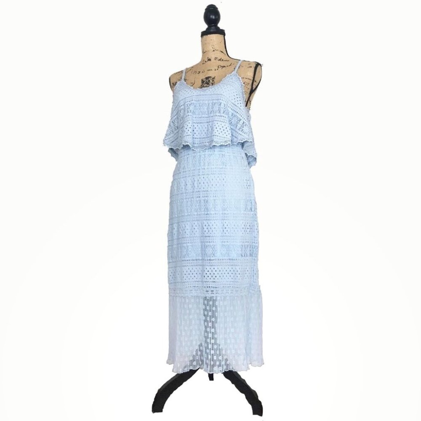 Anthropologie Dress Tiered Flounce Celestial Blue Ellie Midi Dress Sheer Hem M
